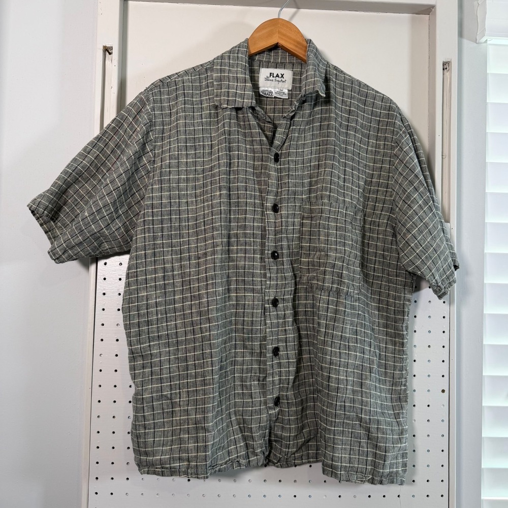 FLAX Jeanne Engelhart Button-Up Shirt Mens Gray Plaid Woven Blouse Small VTG